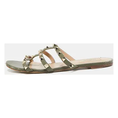 Valentino Green Leather Rockstud Flat Slides Size 39.5