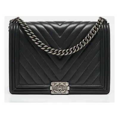 Chanel Black Chevron Leather Boy Flap Bag