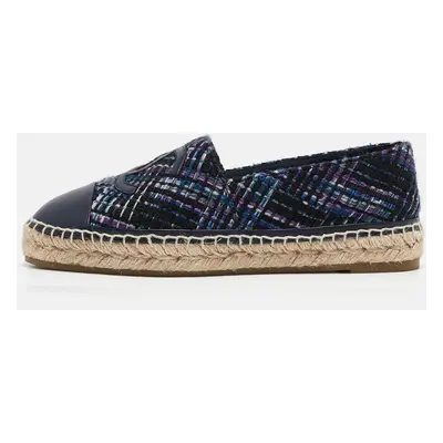 Chanel Navy Blue Tweed and Leather CC Cap Toe Espadrille Flats Size