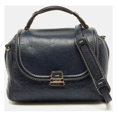 CH Carolina Herrera Navy Blue Monogram Embossed Leather Flap Top Handle Bag