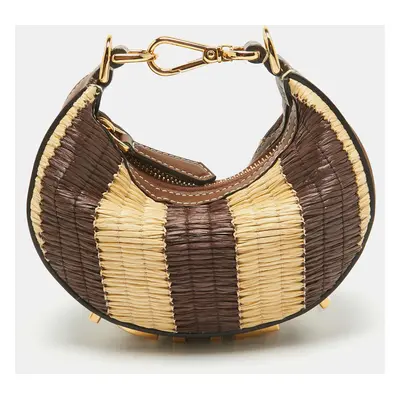 Fendi Brown/Cream Leather and Raffia Nano Fendigraphy Hobo