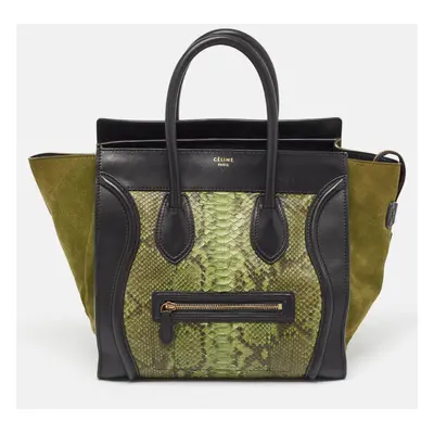 Celine Black/Green Python and Leather/Suede Mini Luggage Tote