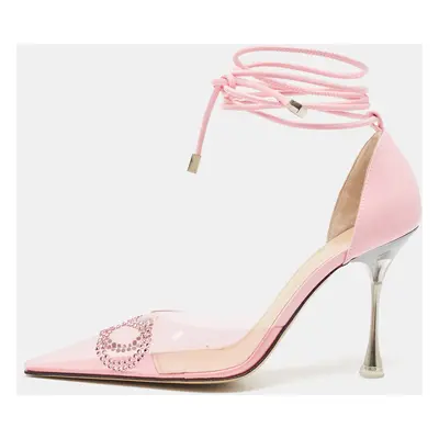 Mach & Mach Pink Leather and PVC Crystal Embellished Bow Ankle Wrap Sandals Size