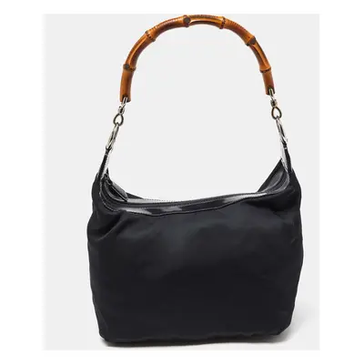 Gucci Black Nylon and Patent Leather Bamboo Handle Bag