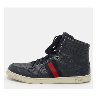 Gucci Navy Blue Guccissima Leather Web Detail High Top Sneakers Size