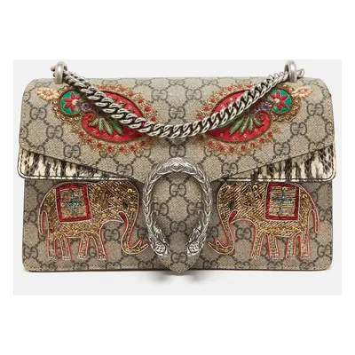 Gucci Beige GG Supreme Canvas and Watersnake Small Elephant Embroidered Dionysus Shoulder Bag