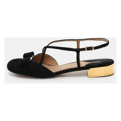 Salvatore Ferragamo Black Suede Vara Bow Ankle Strap Flat Sandals Size 38.5