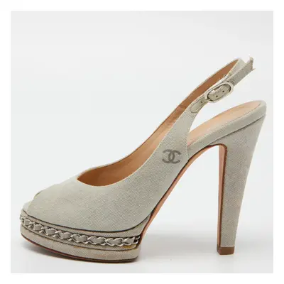 Chanel Grey Canvas CC Chain Link Platform Peep Toe Slingback Pumps Size 37.5