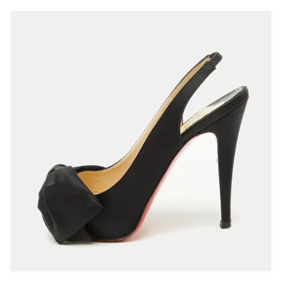 Christian Louboutin Black Satin Bow Peep Toe Platform Slingback Pumps Size