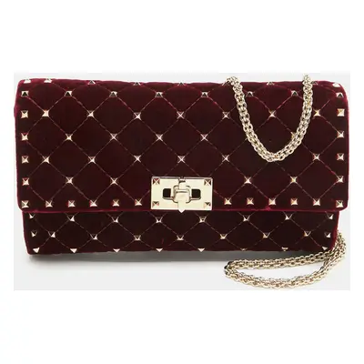 Valentino Burgundy Quilted Velvet Rockstud Spike Chain Clutch