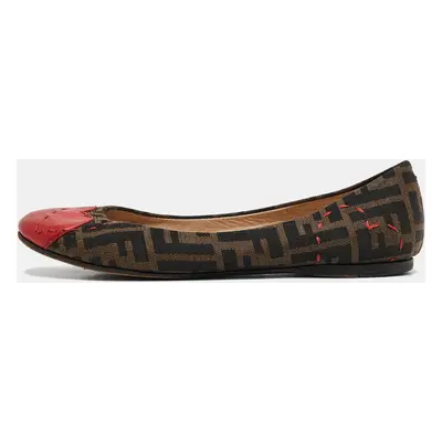 Fendi Brown/Red Zucca Canvas and Leather Heart Cap Toe Ballet Flats Size