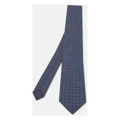 Hermes Navy Blue Patterned Silk Tie