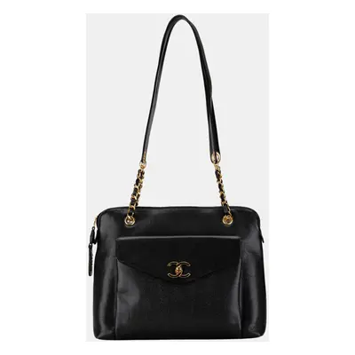 Chanel Black Caviar Front Pocket Chain Tote