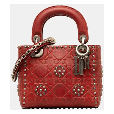 Dior Red Mini Embossed Calfskin Cannage Studded Lady Dior