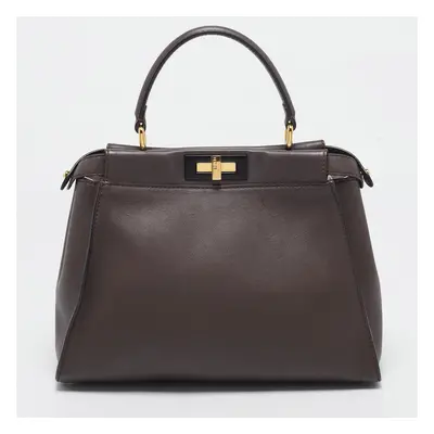 Fendi Dark Brown Leather Peekaboo Top Handle Bag