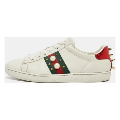 Gucci White Leather Faux Pearl and Spikes Embellished Ace Low Top Sneakers Size