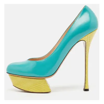 Nicholas Kirkwood Blue/Yellow Leather and Python Leather Platform Pumps Size