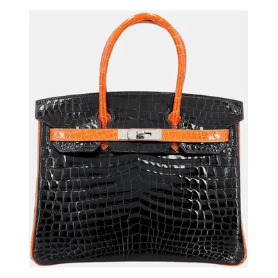 Hermes Orange and Black Niloticus Crocodile Leather Birkin Bag