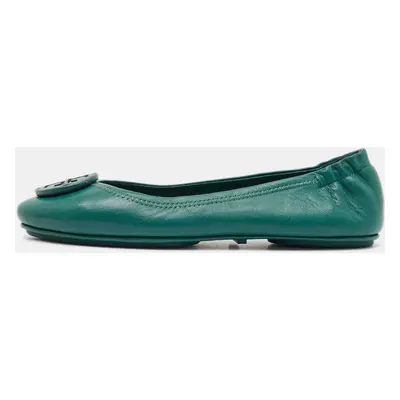 Tory Burch Green Leather Minnie Travel Ballet Flats Size 38.5