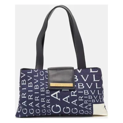 Bvlgari Navy Blue/Blue Fabric and Leather Logo Mania Flap Tote