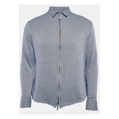 Giorgio Armani Blue Patterned Cotton Blend Knit Zip-Up Shirt