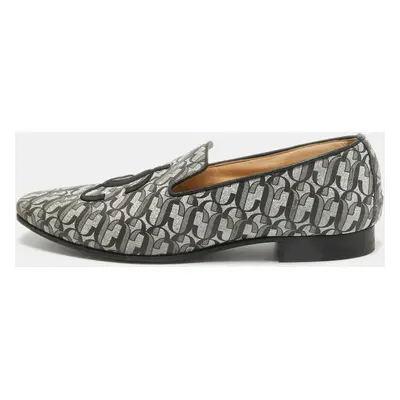 Jimmy Choo Silver/Black Glitter Fabric Sache JC Monogram Smoking Slippers Size