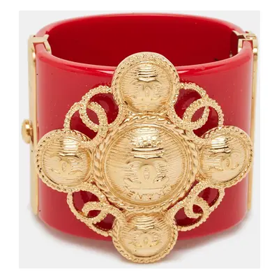 Chanel CC Red Resin Gold Tone Cuff Bracelet