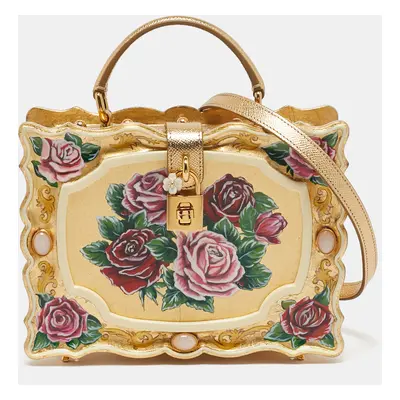 Dolce & Gabbana Gold/Red Rose Painted Wood Dolce Box Top Handle Bag