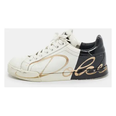 Dolce & Gabbana White/Black Leather and Patent Logo Print Portofino Sneakers Size