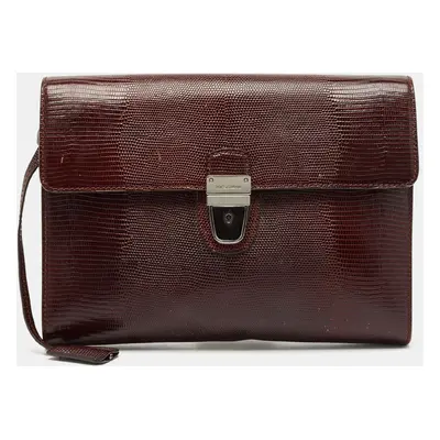 Dolce & Gabbana Burgundy Lizard Embossed Leather Wristlet Lock Pouch