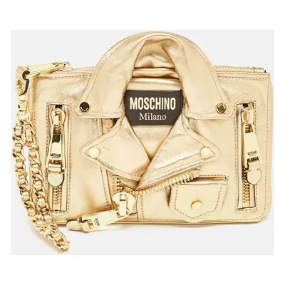 Moschino Gold Leather Capsule Biker Jacket Wristlet Clutch