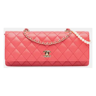 Chanel Pink Quilted Lambskin Pearl Chain East West Single Flap Bag