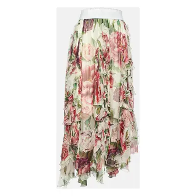 Dolce & Gabbana White Floral Print Silk Asymmetric Maxi Skirt