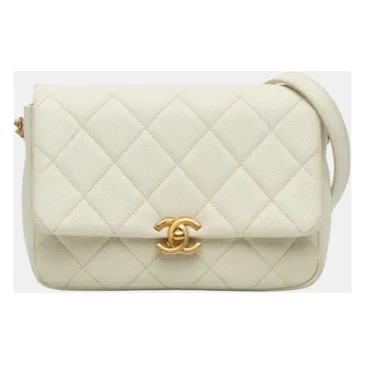 Chanel White Small Quilted Caviar Chain Melody Flap