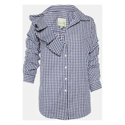 Johanna Ortiz Navy Blue Checked Cotton Cellophane Flower Shirt