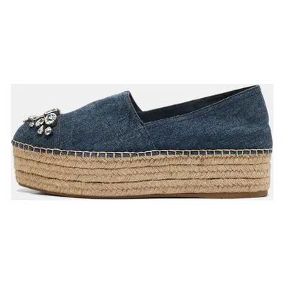 Miu Miu Blue Denim Crystal Embellished Platform Espadrille Flats Size