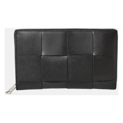 Bottega Veneta Black Leather Intrecciato Zip-Around Long Wallet