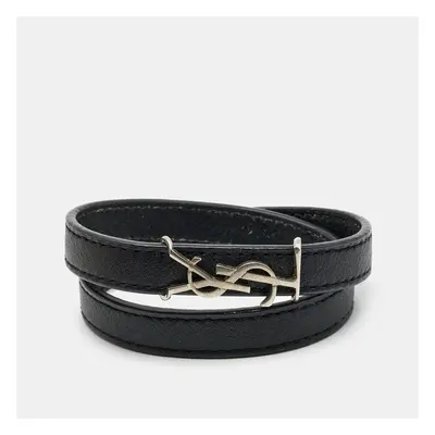 Saint Laurent Opyum Black Leather Silver Tone Wrap Bracelet