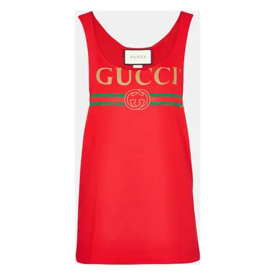 Gucci Red Logo Print Cotton Jersey Distressed Tank Top