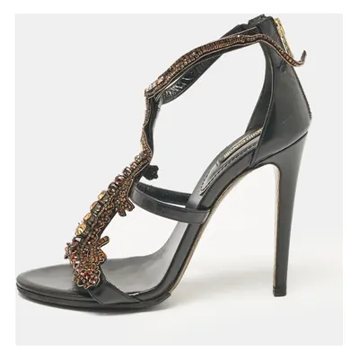 Roberto Cavalli Black Leather Lizard Embellished Sandals Size