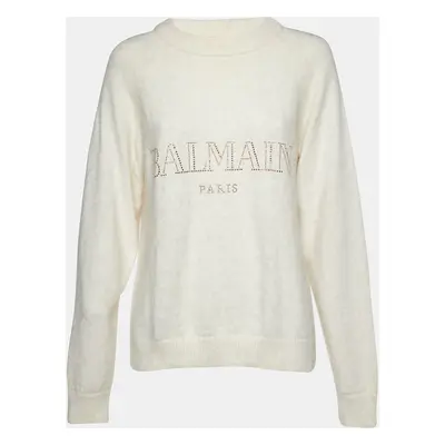 Balmain Cream Crystal Logo Embellished Wool Knit Sweater