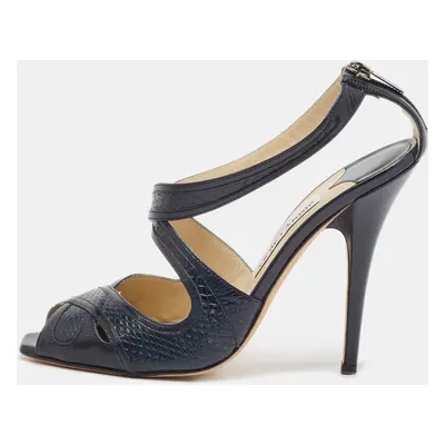 Jimmy Choo Navy Blue Leather and Snakeskin Leather Criss Cross Sandals Size