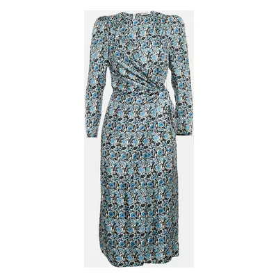 Sandro Blue Floral Print Silk Draped Midi Dress