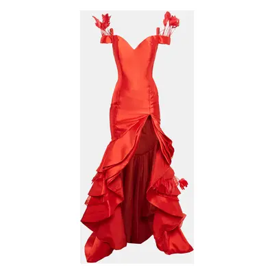 Jovani Red Satin Crepe Feather Trim Off Shoulder Ruffled Gown