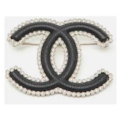 Chanel CC Crystal Leather Silver Tone Pin Brooch