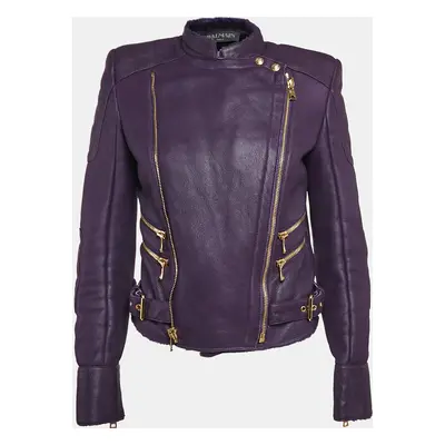 Balmain Purple Shearling Trim Leather Zipper Detail Jacket