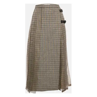 Max Mara Sfilata Brown Houndstooth Wool and Silk Leather Trim Midi Skirt