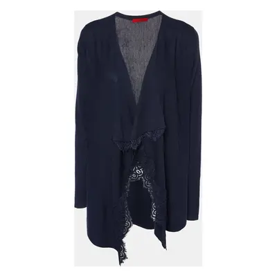 CH Carolina Herrera Navy Blue Wool Knit & Lace Trim Open Front Shrug