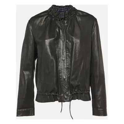 Maje Black Leather Ruched Biker Jacket