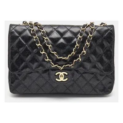 Chanel Black Quilted Glitter Patent Leather Jumbo Classic Single Flap Bag